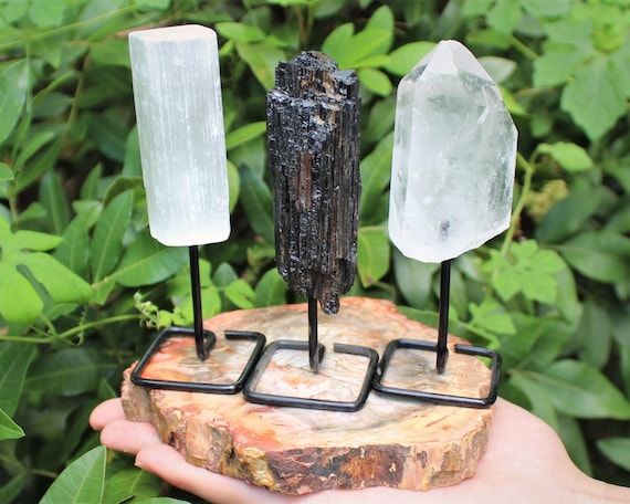 Crystal Protection Kit - Tourmaline Log + Selenite Stick + Clear Quartz Point On Metal Stands (Home Protection Set, Protection Combo Kit)