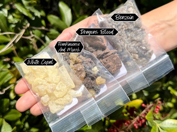 Resin Incense Sampler Set of 4: Benzoin - Frankincense and Myrrh - Dragons Blood - White Copal (Resin Incense Starter Kit)