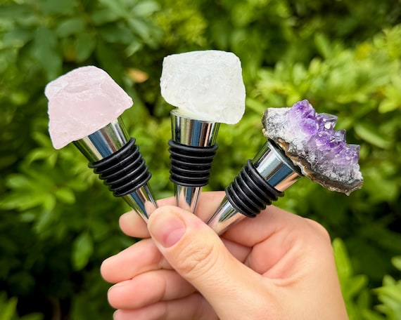 Natural Crystal Wine Stoppers - Amethyst Cluster, Rose Quartz & Clear Quartz - Gemstone Bottle Stopper Set