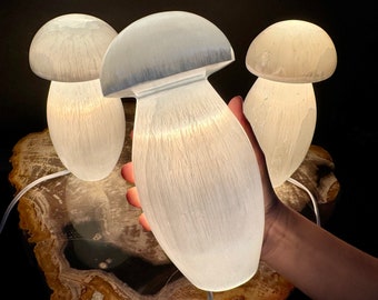 Selenite Mushroom Lamp, LARGE Polished Selenite Crystal Mushroom Lamps - Complete with Cord & Bulb! (Natural Selenite Home Decor)