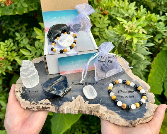 Cleansing Crystal Box - Bracelet, Worry Stone, Selenite Tower, Tumble and Rough Stones Combo Box (CRAZY VALUE, Cleansing Crystals)