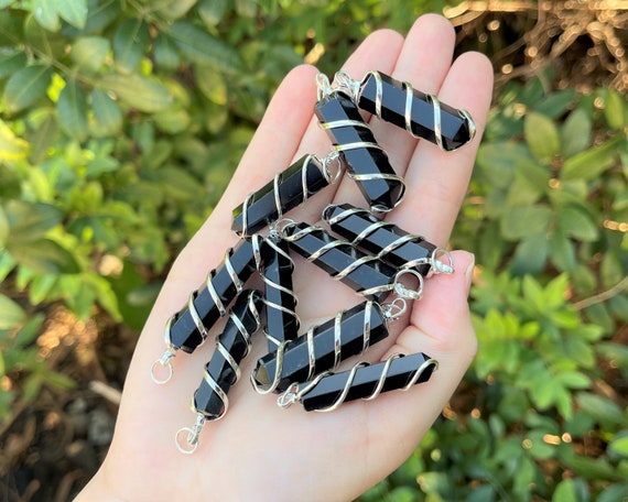 Black Obsidian Spiral Wire Wrapped Point Pendant / Necklace (Black Obsidian Point Pendant, Coil Wire Wrapped Black Obsidian Point Necklace)