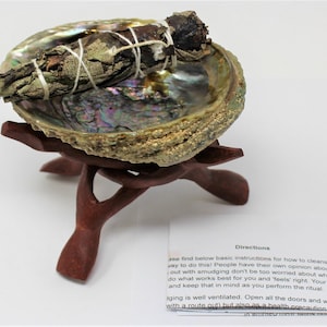 Smudge Kit - Premium Abalone Shell, Yerba Santa Sage Smudge Stick, 6&quot; Tripod Stand and Directions (House Cleansing)