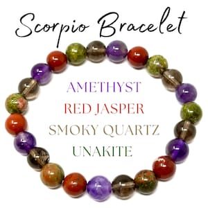 Scorpio Zodiac Bracelet - Amethyst, Red Jasper, Smoky Quartz & Unakite 8 mm Round Scorpio Crystal Beads (Scorpio Birthstone Bracelet)