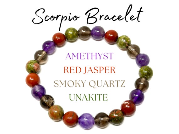 Scorpio Zodiac Bracelet - Amethyst, Red Jasper, Smoky Quartz & Unakite 8 mm Round Scorpio Crystal Beads (Scorpio Birthstone Bracelet)