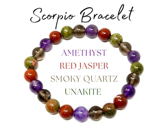 Scorpio Zodiac Bracelet - Amethyst, Red Jasper, Smoky Quartz & Unakite 8 mm Round Scorpio Crystal Beads (Scorpio Birthstone Bracelet)