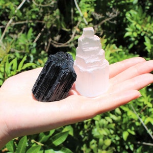 1 Selenite Tower & 1 Extra Grade Black Tourmaline Log: Home Protection Kit