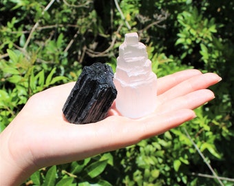 1 Selenite Tower & 1 Natural Black Tourmaline Log Set - Home Protection Crystal Kit