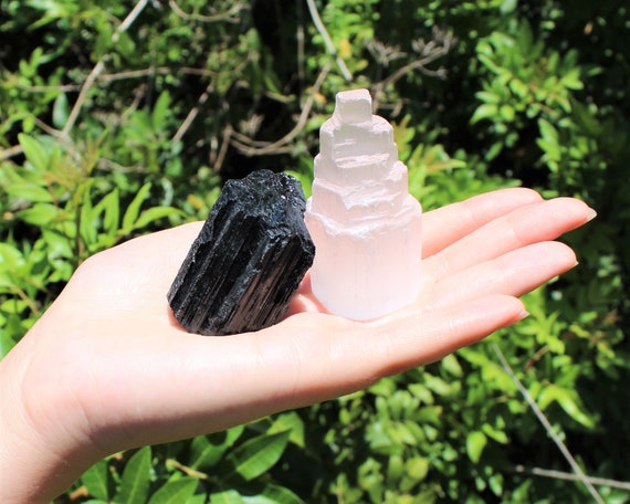 1 Selenite Tower & 1 Extra Grade Black Tourmaline Log: Home Protection Kit (Buy More Sets and Save BIG!)