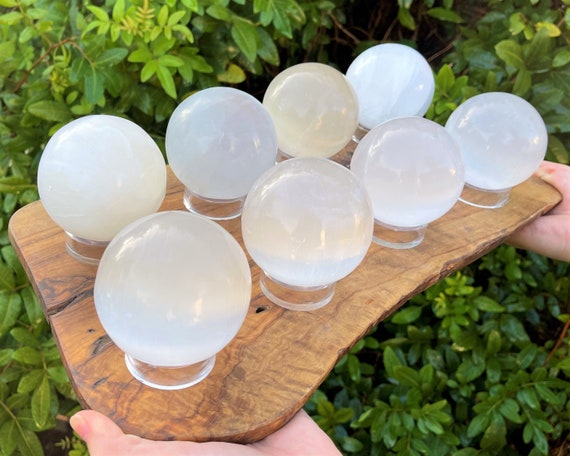Huge Selenite Crystal Sphere + Display Stand, 3" Selenite Sphere (Crystal Ball Sphere, 80 mm White Selenite)