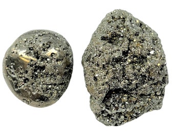 May include: Two pyrite specimens are displayed against a white background. One is a rounded, polished stone, and the other is a rough, irregular chunk. Both exhibit a metallic, gold-like luster, with visible crystalline structures.