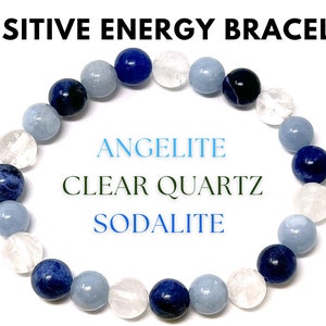 Positive Energy Bracelet: Clear Quartz, Angelite, & Sodalite 8 mm Round Relaxation and Serenity Crystals (Gemstone Bracelet, Gift)