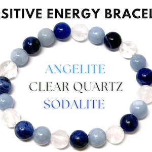 May include: A beaded bracelet featuring alternating round polished stones in shades of dark blue, light blue, and clear white. The text POSITIVE ENERGY BRACELET, ANGELITE, CLEAR QUARTZ, and SODALITE is printed in the center and above the bracelet.