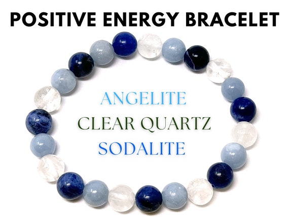 Positive Energy Bracelet: Clear Quartz, Angelite, & Sodalite 8 mm Round Relaxation and Serenity Crystals (Gemstone Bracelet, Gift)