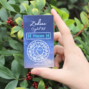 K&ouml;nnte beinhalten: Eine blaue und wei&szlig;e Karte mit dem Text "Zodiac Crystal Kit" und "Pisces" mit einem Fische-Sternzeichen. Die Karte zeigt auch einen Kreis mit allen Sternzeichen.