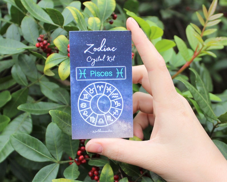 K&ouml;nnte beinhalten: Eine blaue und wei&szlig;e Karte mit dem Text "Zodiac Crystal Kit" und "Pisces" mit einem Fische-Sternzeichen. Die Karte zeigt auch einen Kreis mit allen Sternzeichen.