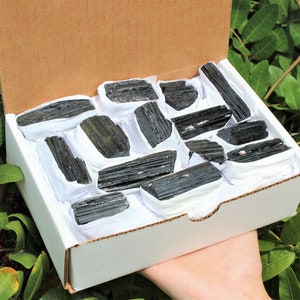 Rough Black Tourmaline Logs 8 - 10, 14 - 18 or 22 - 28 Piece Box (Extra 'AAA' Grade Specimens, Home Protection Crystals, Natural Tourmaline)