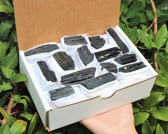 Rough Black Tourmaline Logs 8 - 10, 14 - 18 or 22 - 28 Piece Box (Extra 'AAA' Grade Specimens, Home Protection Crystals, Natural Tourmaline)