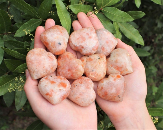 Sunstone Heart Stone: LARGE 1.75" (Crystal Heart, Gemstone Heart, Palm Heart, Puffed Heart, Stone Heart, Carved Heart)