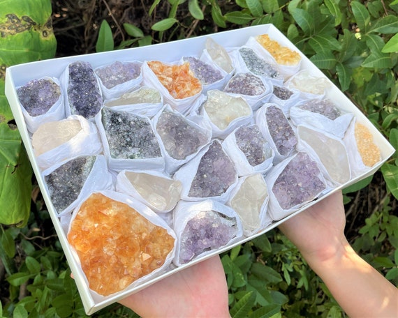 Amethyst, Citrine, Clear Quartz Crystal Clusters Box: HUGE Wholesale 25-30 Piece Bulk Lot (Amethyst Cluster Quartz Cluster Citrine Cluster)