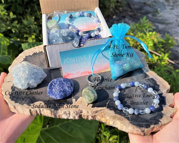 Positive Energy Crystal Box - Bracelet, Palm Stone, Cluster, Tumble Stones and Key Chain Combo Box (CRAZY VALUE, Good Vibes Crystals)