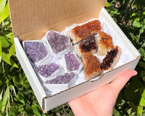 Amethyst & Citrine Crystal Clusters: Wholesale Bulk 8 - 10 Piece Box Lot ('A' Grade, Amethyst Cluster, Citrine Cluster, Crystal Cluster)