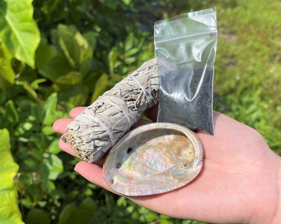 Mini Smudge Kit - Abalone Shell, White Sage Smudge Stick, Pack of Black Salt (for Protection) PLUS Smudging Guide! (Sage Bundle)