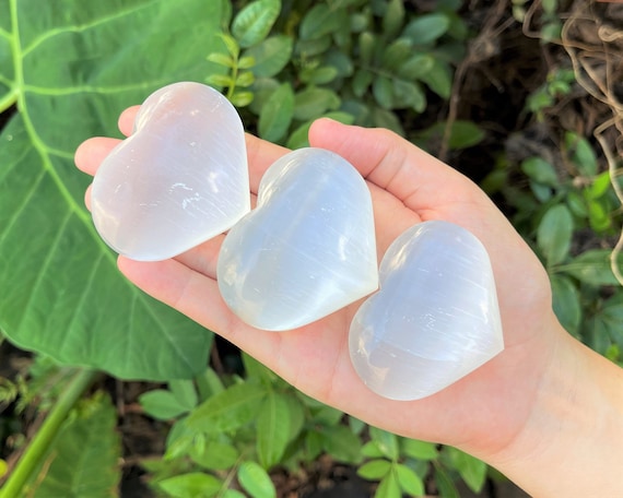 Selenite Heart Stone: LARGE 1.5 - 2" (Crystal Heart, Gemstone Heart, Palm Heart, Puffed Heart, Stone Heart, White Selenite, Carved Heart)