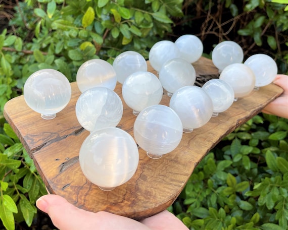 Selenite Crystal Sphere + Display Stand, 1.25 - 1.5" Choose How Many (Crystal Ball, Crystal Sphere, White Selenite)