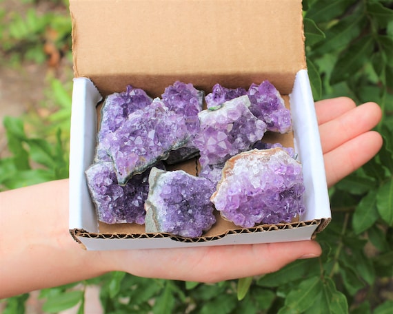 Natural Amethyst Cluster Druze Collection Gift Box: 1 lb Box Lot, 7 - 9 Pieces (Premium Quality Amethyst Crystal Clusters From Uruguay)