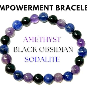 Empowerment Bracelet: Amethyst, Black Obsidian, & Sodalite Combo, 8 mm Round Courage and Confidence Crystals (Crystal Bracelet)