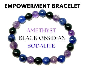 Bracelet d'autonomisation : améthyste, obsidienne noire et sodalite, cristaux ronds de courage et de confiance de 8 mm (bracelet en cristal)