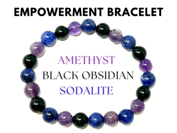 Empowerment Bracelet: Amethyst, Black Obsidian, & Sodalite Combo, 8 mm Round Courage and Confidence Crystals (Crystal Bracelet)