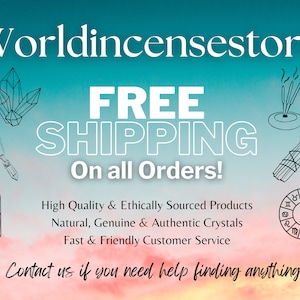 May include: A digital graphic with a teal and pink sky background featuring the text Worldincensestore, FREE SHIPPING On all Orders!, and text about products. Illustrations include crystals, a pendant, a candle, incense, and a zodiac wheel.