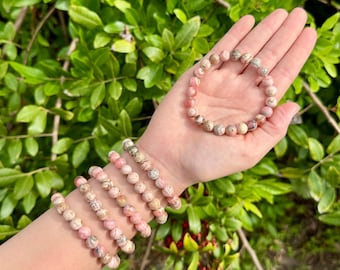 Pulsera de cuentas de rodocrosita: cristales redondos de 8 mm (pulsera de cristal de rodocrosita, pulsera elástica de piedras preciosas)