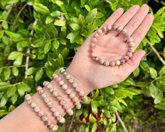 Rhodochrosite Bead Bracelet: 8 mm Round Crystals (Natural Rhodochrosite Crystal Bracelet, Premium Grade Stretch Gemstone Bracelet)