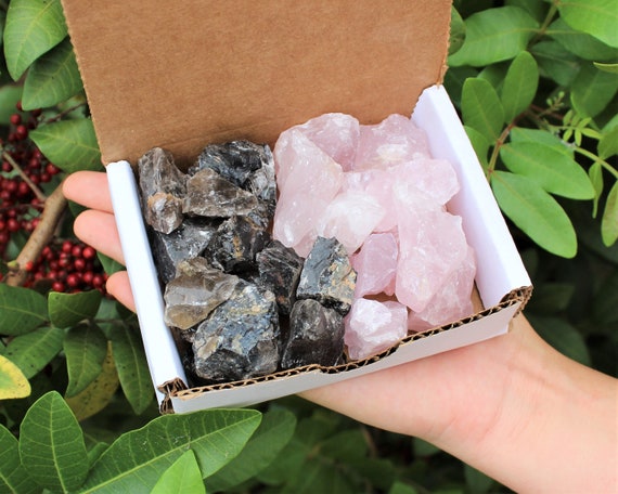 Natural Rough Smoky & Rose Quartz Gemstone Rock Collection 1/2 lb Box Lot ('A' Grade Raw Quartz Crystals)