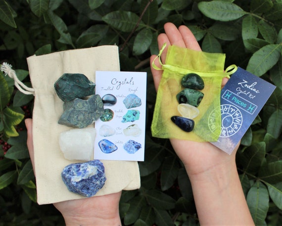 Pisces Zodiac Crystal Kit, 4 Birthstones in an Organza Pouch: You Choose Rough or Tumbled Stones, or Both! (Crystal Gift Kits)