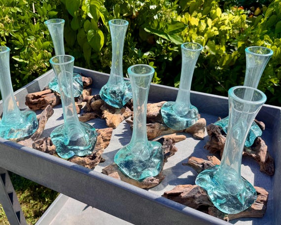 LARGE Molten Glass Vase With Gamal Wood Root Base - Blown Glass Wood Decor (Handmade Unique Glass From Indonesia)