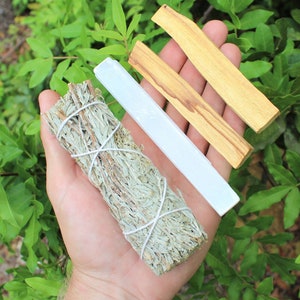 Cleansing Kit: 5&quot; Selenite Crystal, 2 Palo Santo Sticks and a Blue Sage Smudge Stick, PLUS Smudging Guide! (Energy Cleansing)