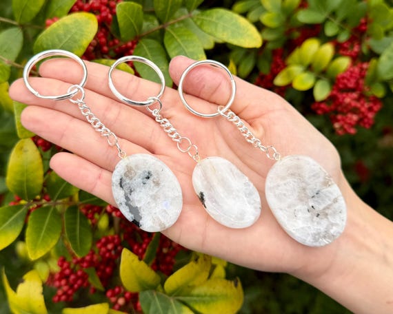 Rainbow Moonstone Worry Stone Keychains - Polished Gemstone Keyrings