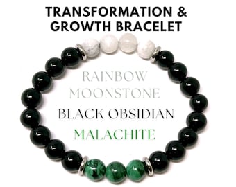 Transformation and Growth Bracelet: Black Obsidian, Malachite, & Rainbow Moonstone 8 mm Round Crystals (Stretch Gemstone Bracelet, Gift)