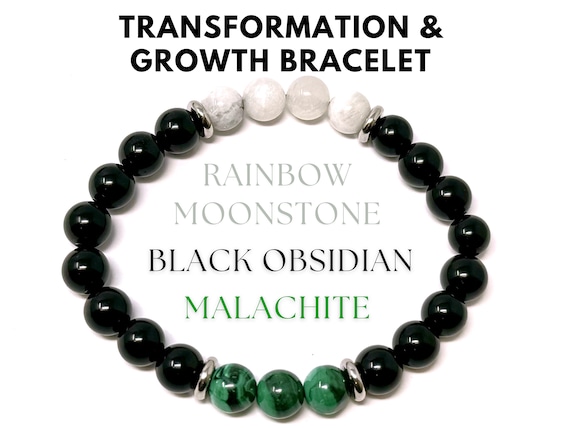 Transformation and Growth Bracelet: Black Obsidian, Malachite, & Rainbow Moonstone 8 mm Round Crystals (Stretch Gemstone Bracelet, Gift)
