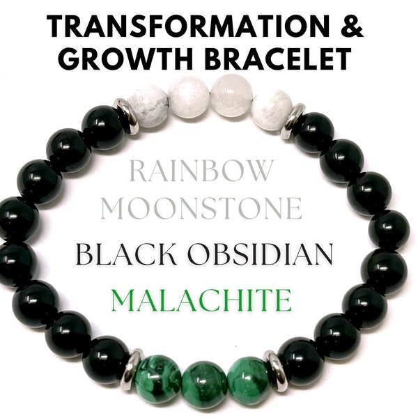 Transformation and Growth Bracelet: Black Obsidian, Malachite, & Rainbow Moonstone 8 mm Round Crystals (Stretch Gemstone Bracelet, Gift)