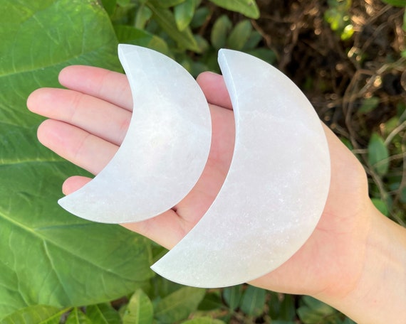 Polished Selenite Charging Station: Moon Shaped Crystal Plate, Choose 3" or 4" (Crystal Cleaning, Charging & Purification)