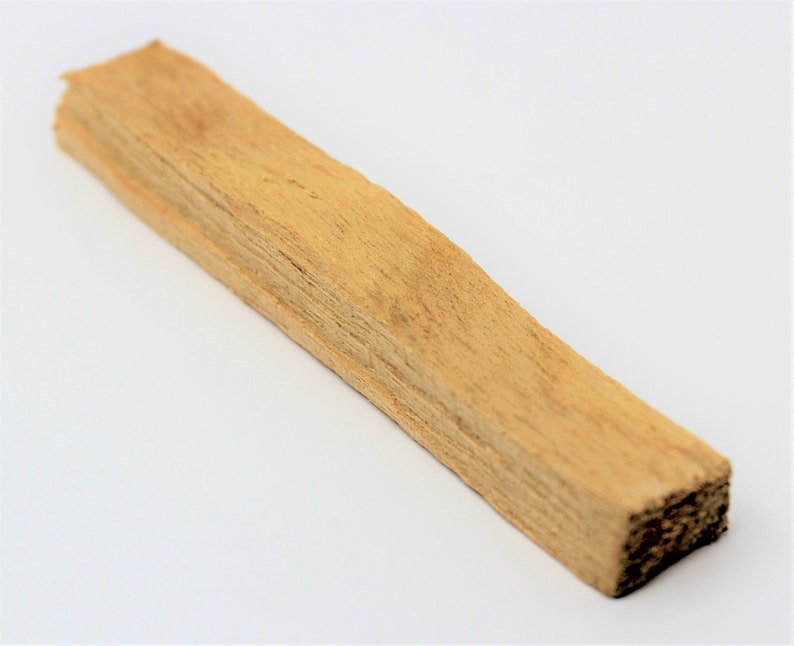 May include: A rectangular piece of light brown palo santo wood. The wood has a rough, textured surface and a natural, earthy appearance. The end of the wood is dark brown.