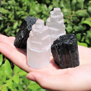 2 Selenite Towers & 2 Extra Grade Black Tourmaline Logs: Home Protection Kit