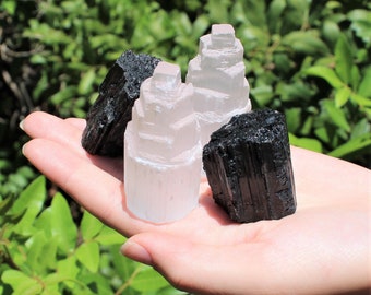 2 Selenite Towers & 2 Extra Grade Black Tourmaline Logs: Home Protection Kit