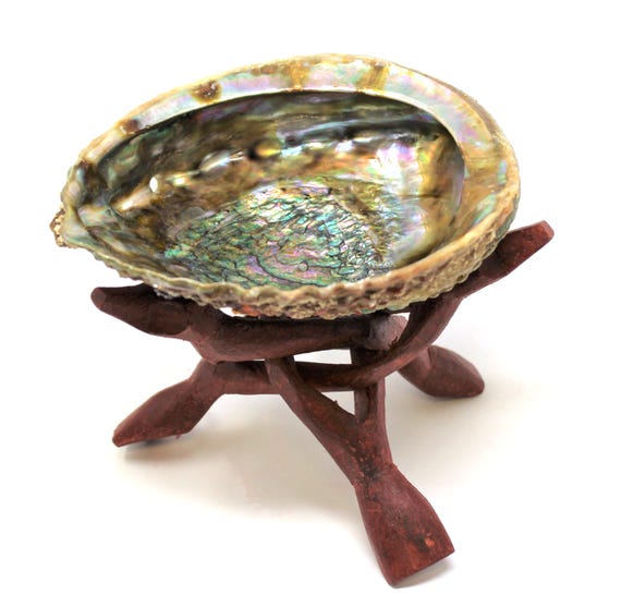 Large Abalone Shell Kit - Natural Abalone & 6" Wooden Tripod Stand - Incense and Botanical Holder