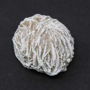 Puede incluir: Una rosa del desierto blanca, formada naturalmente, un tipo de cristal de selenita, con una estructura delicada con forma de flor.